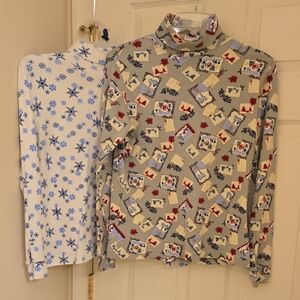2 Festive Turtlenecks:  Snowflake and Holiday Print Sizes Small